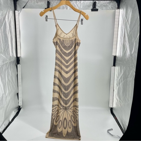 Banjul‎ Rhinestone Waves Body-Con Nude Stretchy midi shear dress Medium - Picture 9 of 16